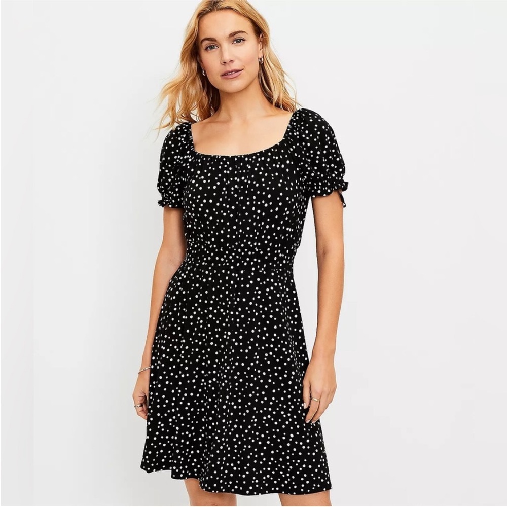 LOFT Zoo Dot Smocked Square Neck Rayon Dress Black and White Polka Dot Size M